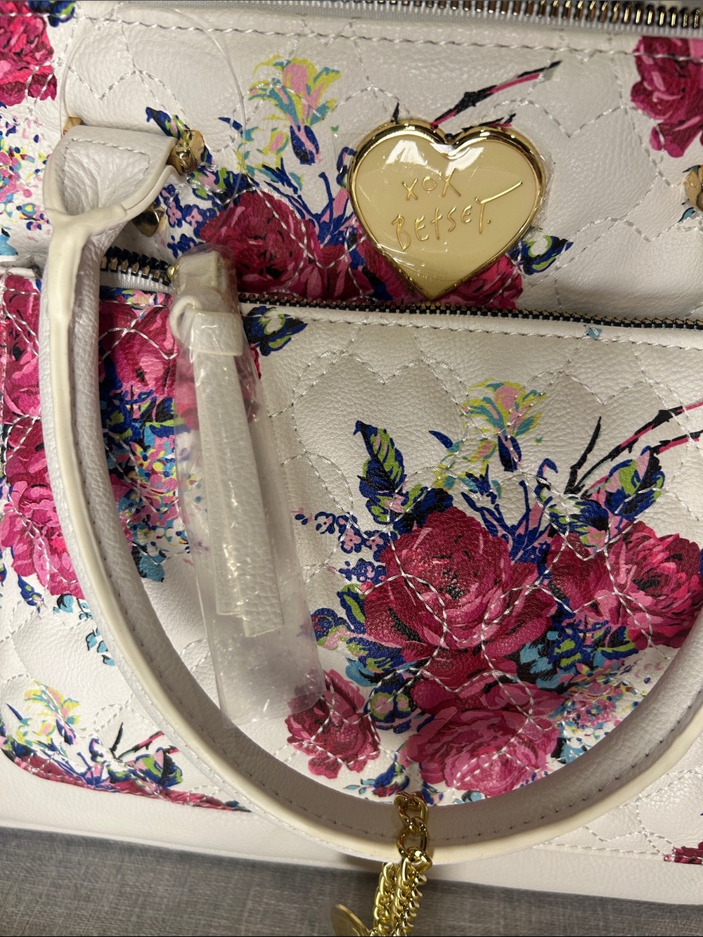 Betsey Johnson White Quilted Satchel with Pink Floral Pattern - Picture 3 of 10